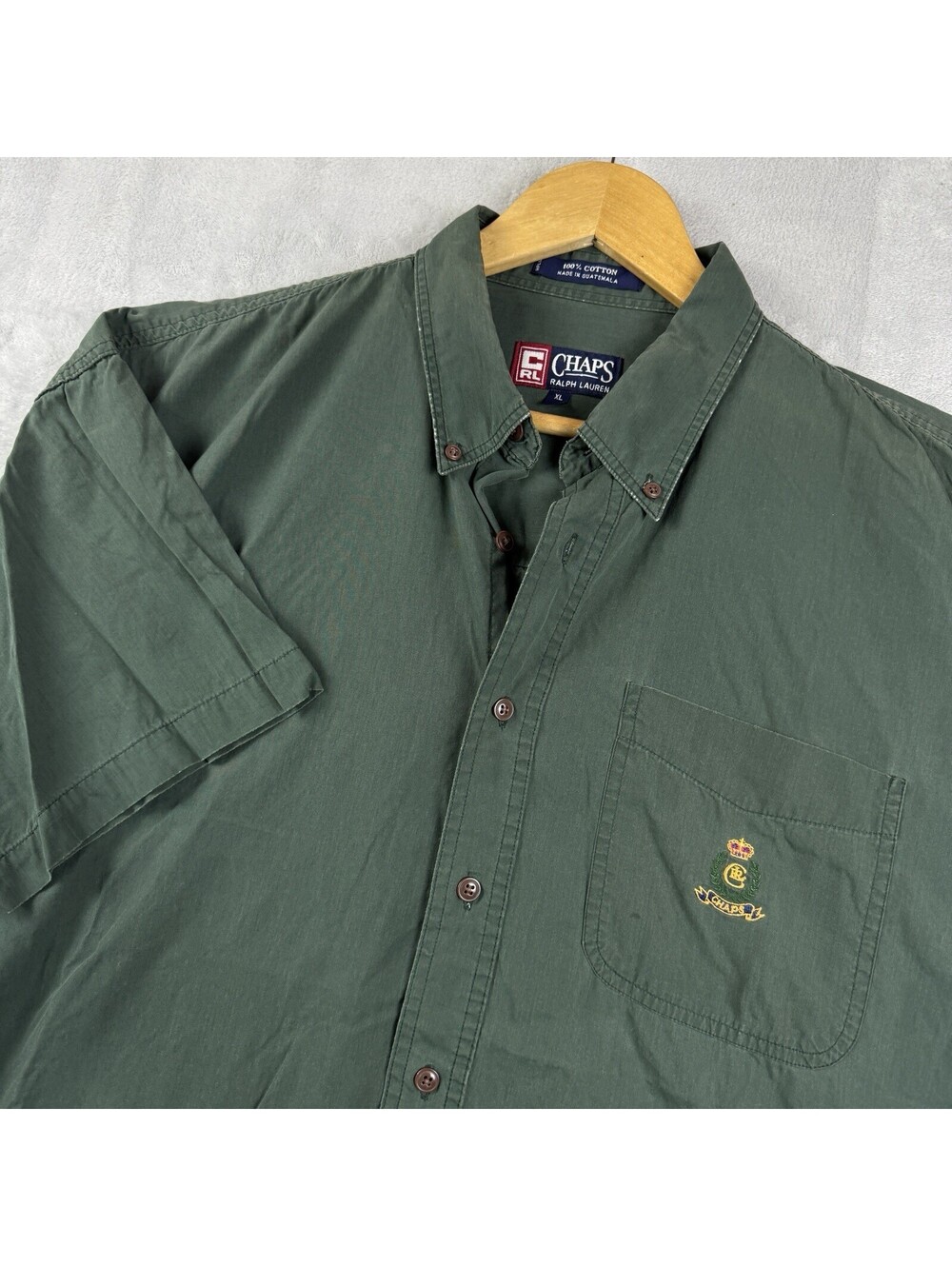 Vintage Chaps Ralph Lauren Green Short Sleeve Button Down Shirt Crest Men XL 90s